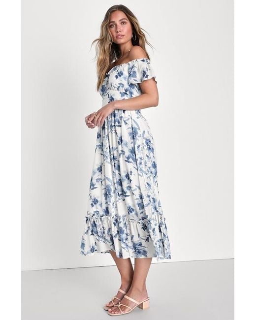 Lulus Blue Delightfully Sweet Floral Off-The-Shoulder Midi Dress