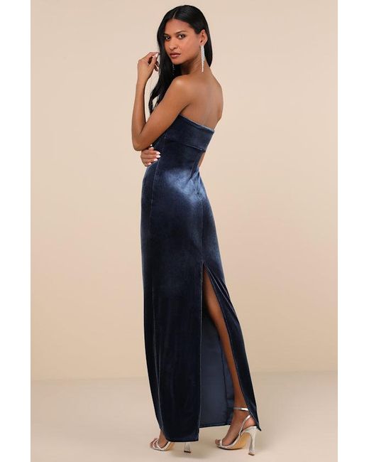 Lulus Blue Divine Existence Velvet Tie-Front Strapless Maxi Dress