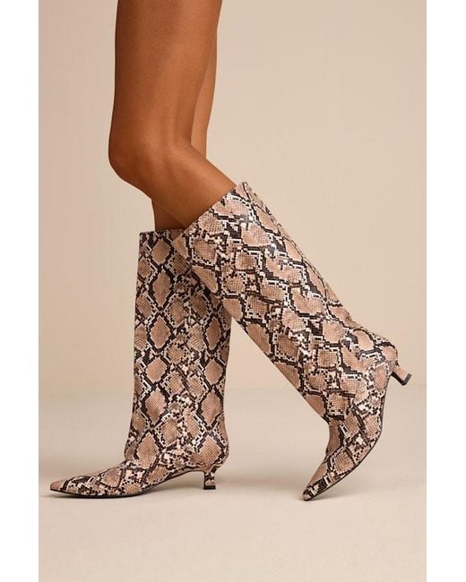Lulus Natural Alexandria Snake Knee-High Kitten Heel Boots