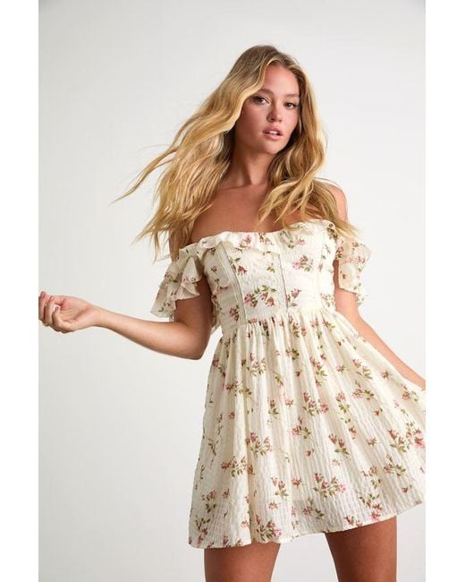 Lulus Natural Velia Floral Textured Flutter Sleeve Mini Dress