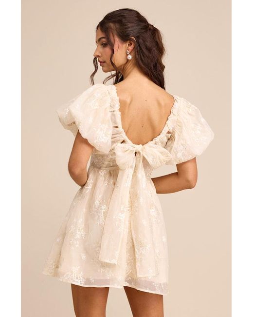 Lulus Natural Cathaysa Cream Embroidered Puff Sleeve Bow Mini Dress