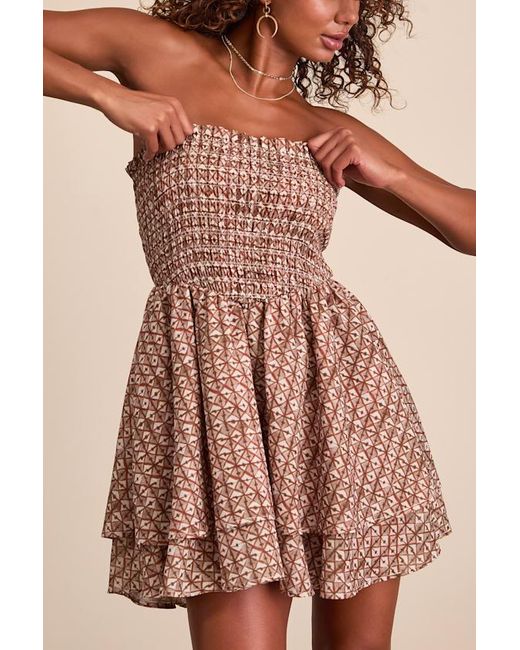 Lulus Brown Carson Geometric Print Smocked Mini Dress