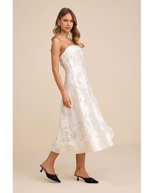 Lulus Natural Abilene Floral Jacquard Rhinestone Strapless Midi Dress