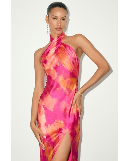 Lulus Beyond Classy Multi Abstract Print Satin Halter Midi Dress in Pink |  Lyst