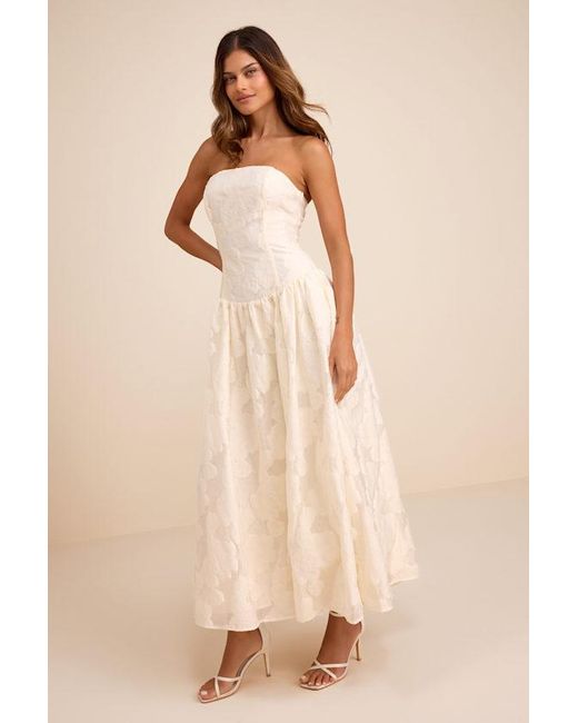 Lulus Natural Calen Cream Floral Jacquard Drop Waist Maxi Dress