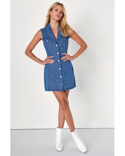 Lulus Blue Edgy Impression Medium Wash Denim Sleeveless Mini Dress