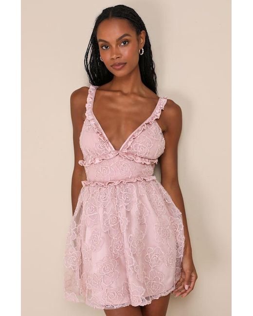 Lulus Pink Delightfully Precious Mesh Embroidered Ruffled Mini Dress