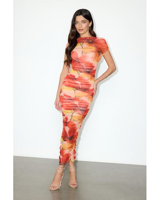 Lulus White Sunama Floral Mesh Ruched Bodycon Midi Dress