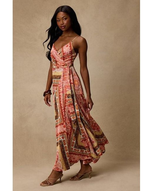 Lulus Brown Cerina Multi Boho Print Satin Wrap Maxi Dress