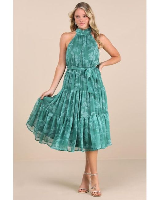 Lulus Green Float To You Floral Print Halter Tiered Midi Dress
