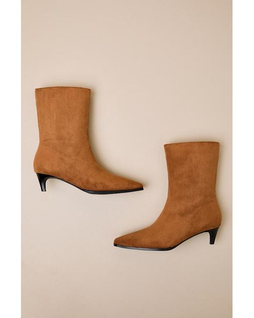 Lulus Natural Carla Cognac Suede Kitten Heel Mid-Calf Booties