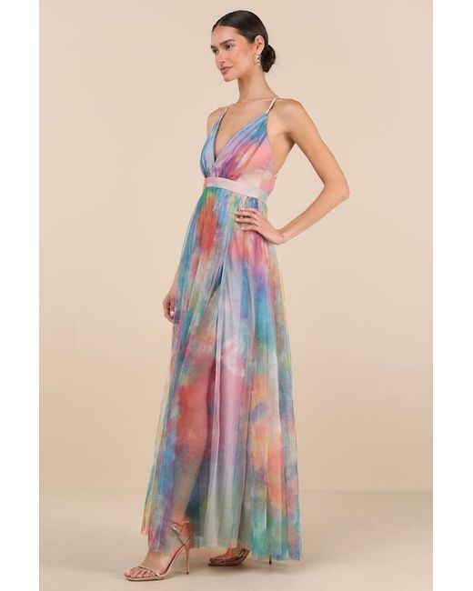Lulus Red Elegant Moment Multi Watercolor Tie-Dye Backless Maxi Dress