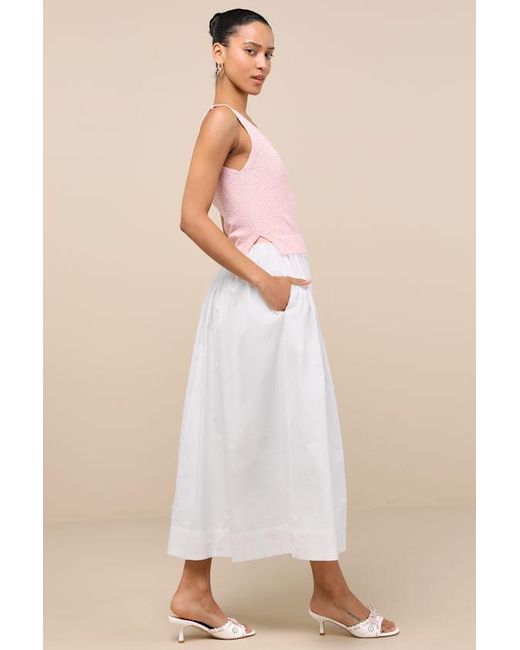 Lulus White Celsa And Mixed Media Sleeveless Midi Sweater Dress