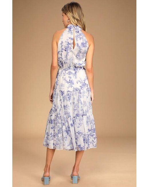 Lulus Blue Float To You Floral Print Halter Tiered Midi Dress