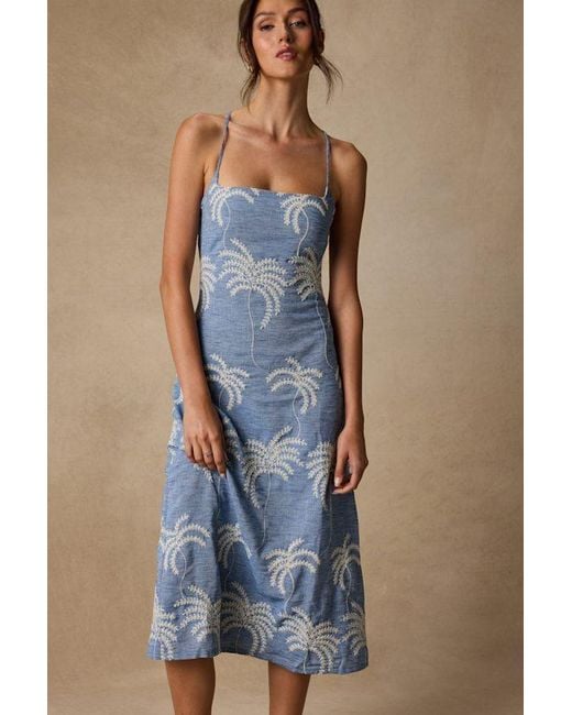 Lulus Blue Destin Embroidered Lace-Up Midi Dress