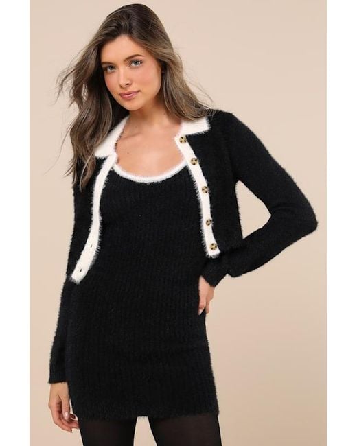 Lulus Black Splendid Duo Eyelash Knit Two-Piece Dress & Cardigan Set