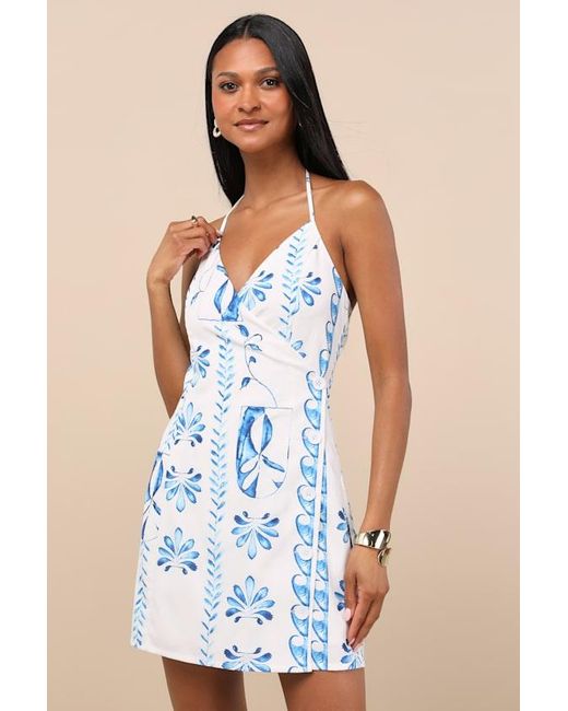 Lulus Blue Prue Ivory And Tile Print Halter Mini Dress