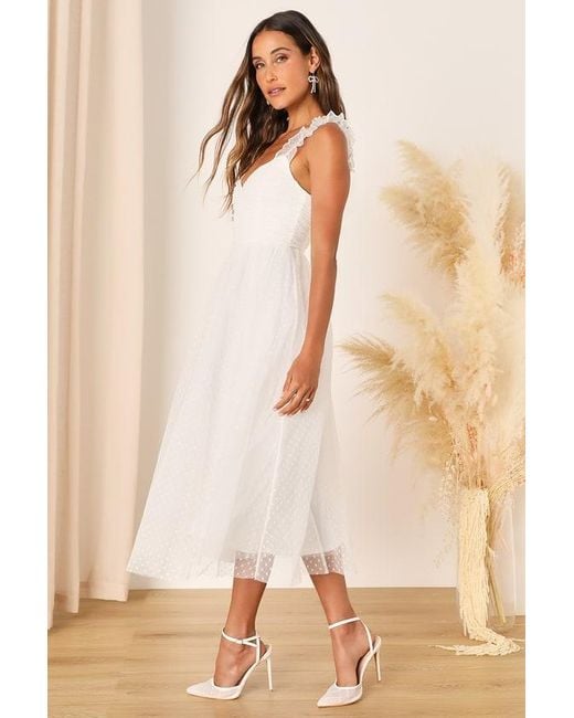 Lulus Natural Forever Celebrated Swiss Dot Ruched Tulle Midi Dress