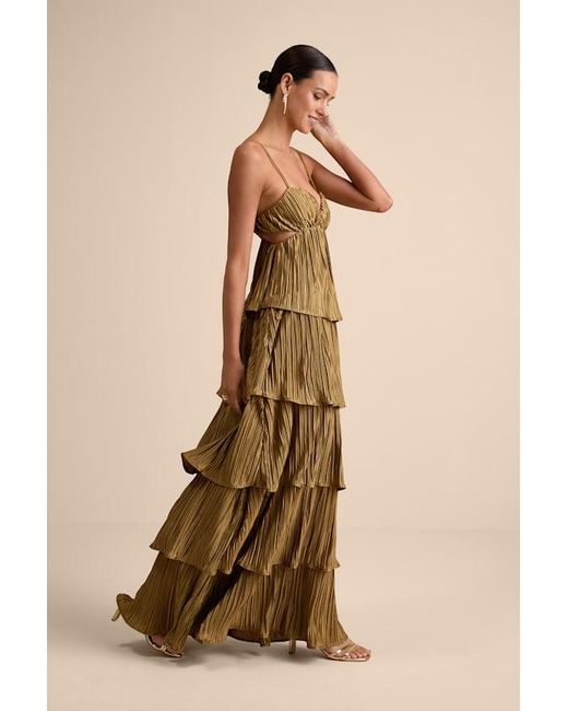 Lulus Natural Kanya Satin Plisse Tiered Maxi Dress