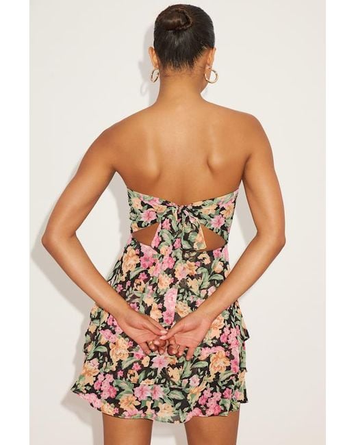 Lulus Black Suvi Floral Strapless Tiered Asymmetrical Mini Dres