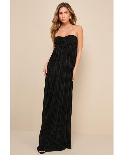 Lulus Black Endlessly Complimented Plisse Strapless Maxi Dress