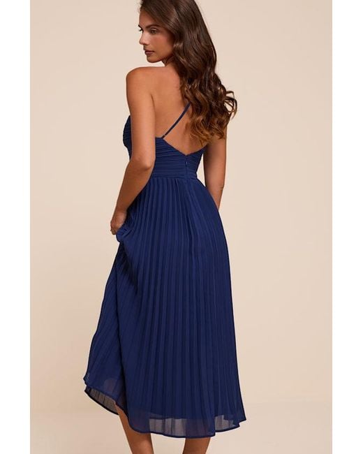 Lulus Blue Wondrous Muse Pleated One-Shoulder Midi Dress