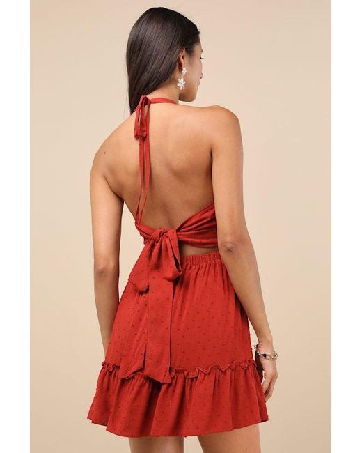 Lulus Red Zahia Swiss Dot Ruffled Halter Mini Dress