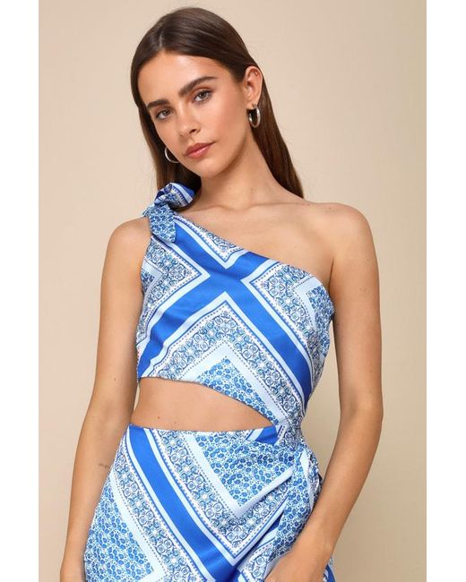 Lulus Blue Vacay Beauty Scarf Print One-Shoulder Tie-Strap Midi Dress
