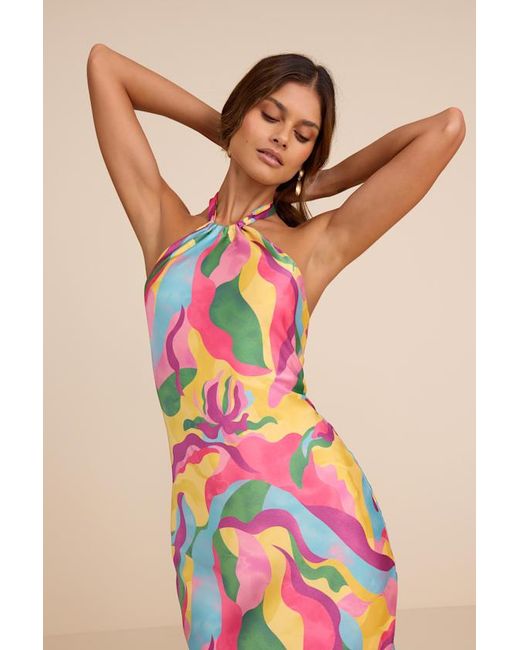 Lulus Red Glowing Presence Multi Abstract Satin Halter Maxi Dress