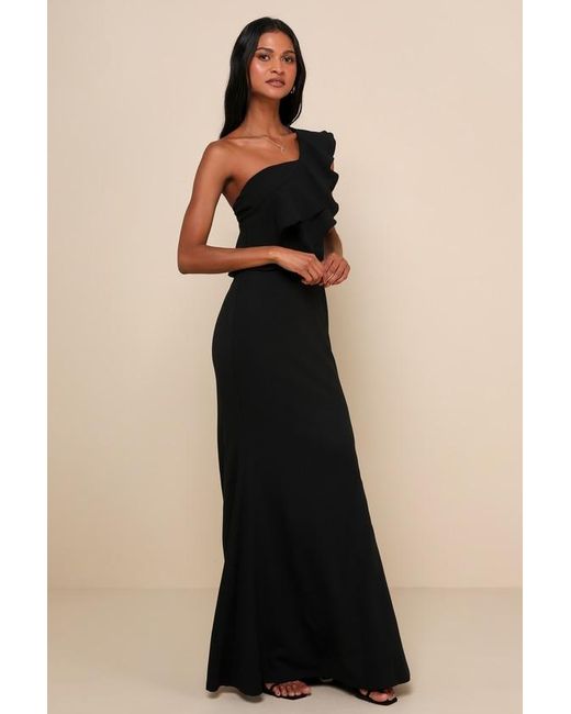 Lulus Black Grand Beauty Ruffled One-Shoulder Mermaid Maxi Dress