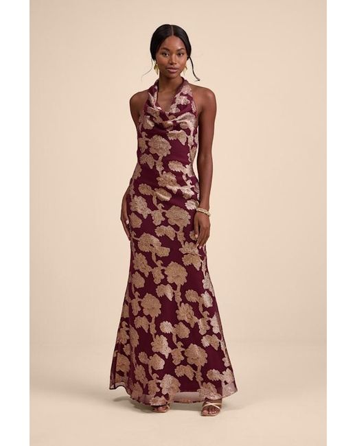 Lulus Multicolor Zafira Burgundy And Burnout Cowl Halter Maxi Dress