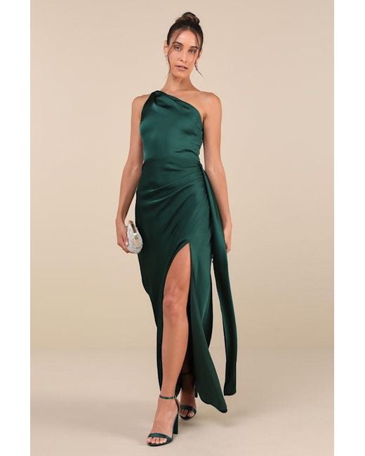 Lulus Blue Signature Elegance Emerald Satin One-Shoulder Maxi Dress