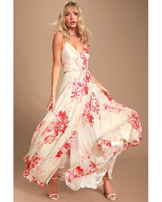 Lulus Pink Elegantly Inclined Cream And Floral Print Wrap Maxi Dress