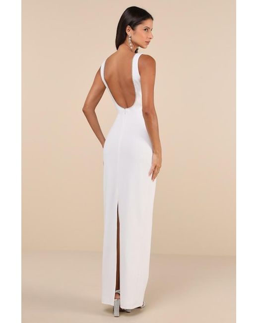 Lulus Natural Timeless Poise Rhinestone Square Neck Backless Maxi Dress