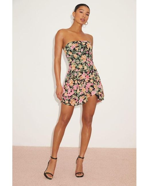 Lulus Black Suvi Floral Strapless Tiered Asymmetrical Mini Dres
