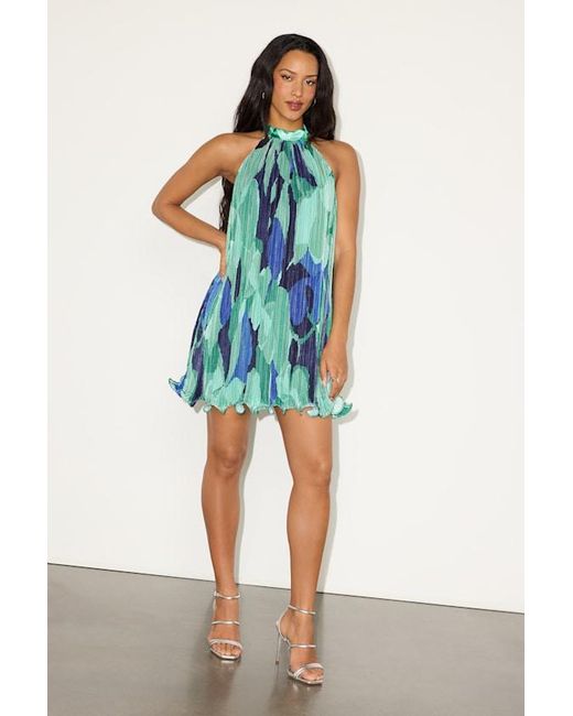Lulus Green Vaivah Abstract Satin Plisse Mock Neck Swing Mini Dress