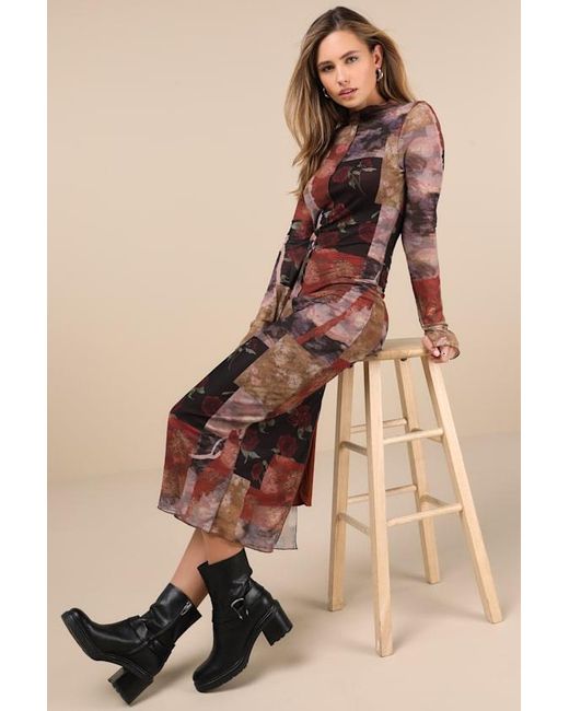 Lulus Natural Aesthetic Adoration Multi Floral Mesh Long Sleeve Midi Dress