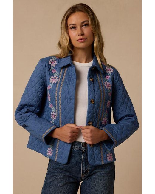 Lulus Blue Neve Embroidered Quilted Jacket