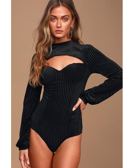 Lulus Black Always Alluring Striped Velvet Cutout Bustier Bodysuit