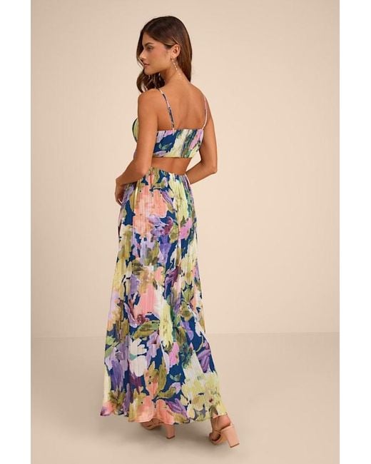 Lulus Blue Holloway Multi Floral Pleated Maxi Dress