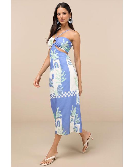 Lulus Blue Beliana Multi Print Halter O-Ring Midi Dress