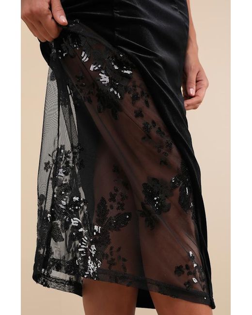 Lulus Black Feeling So Luxe Velvet Mesh Sequin Strapless Midi Dress