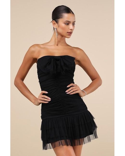 Lulus Black Picture-Perfect Persona Mesh Bow Ruched Mini Dress