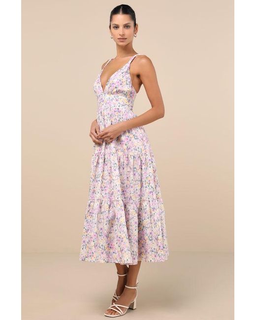 Lulus Pink Brightly Blossoming Multi Floral Tiered Midi Dress