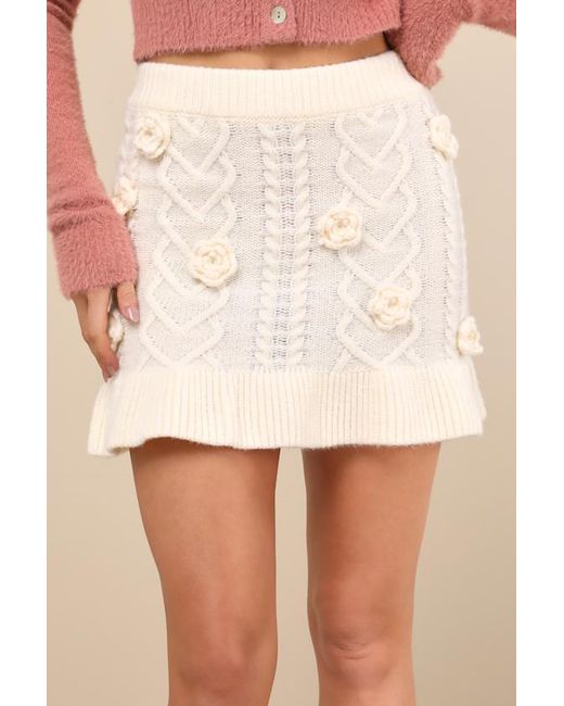 JACQUIE THE LABEL Pink Maeve Cream Knit 3D Floral Applique Mini Skirt