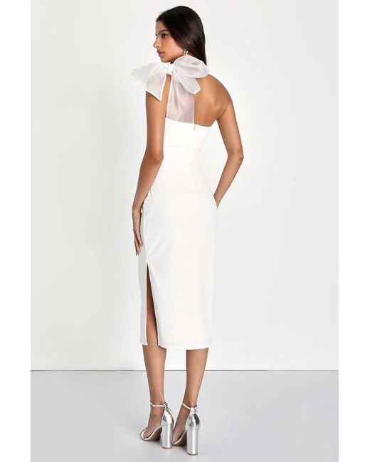 Lulus White Run The Party Bodycon Organza One-Shoulder Midi Dress