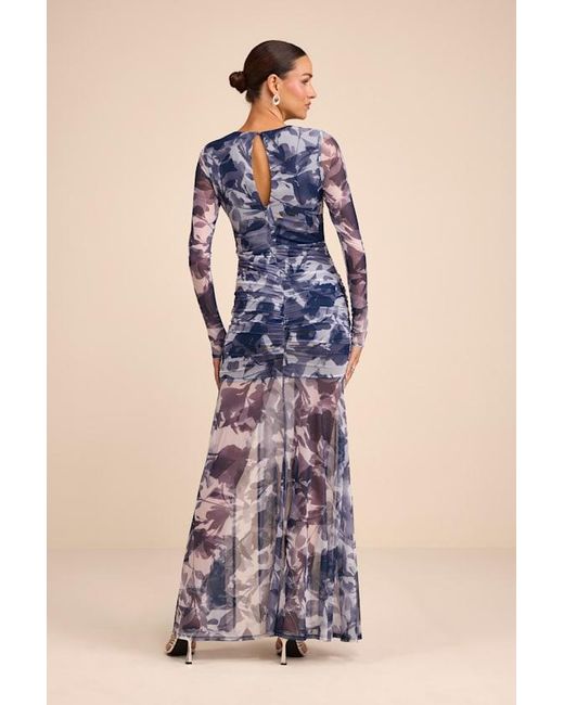 Lulus Blue Vibrant Poise Floral Print Mesh Ruched Maxi Dress