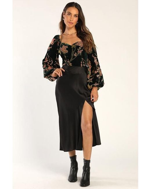 Lulus Black Luxe Romance Emerald Velvet Floral Burnout Long Sleeve Bodysuit