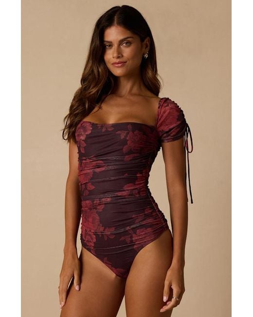 Lulus Blue Zaharina Plum Floral Mesh Ruched Short Sleeve Bodysuit