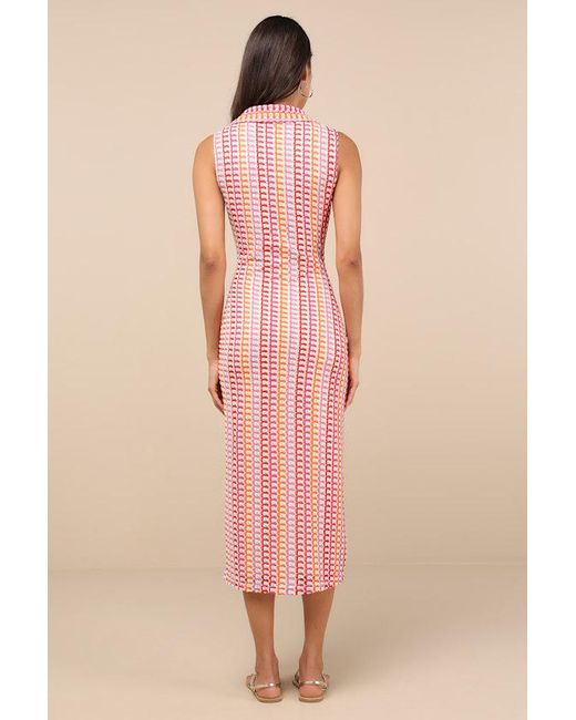 Lulus Pink Nivara Cream And Multi Crochet Collared Midi Dress